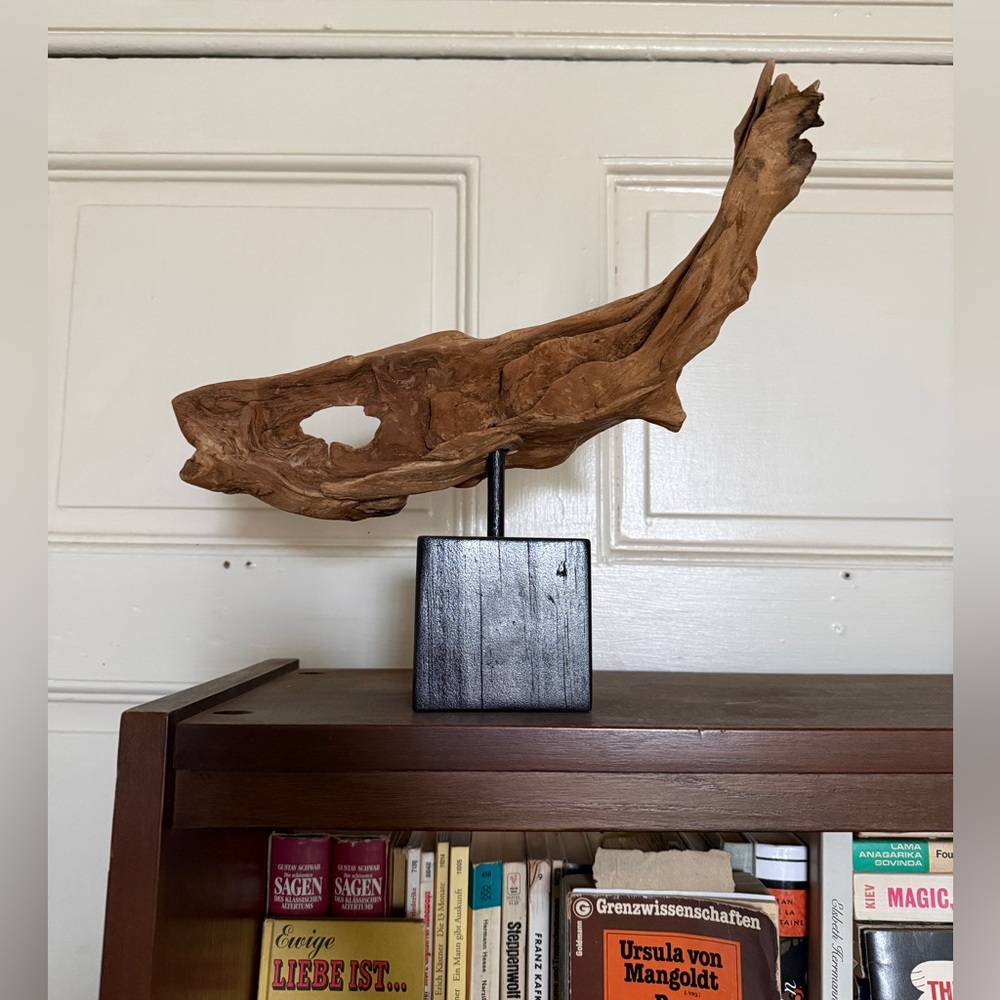 {SOLD} Natural Driftwood Sculpture on Black Stand  - Fish decor